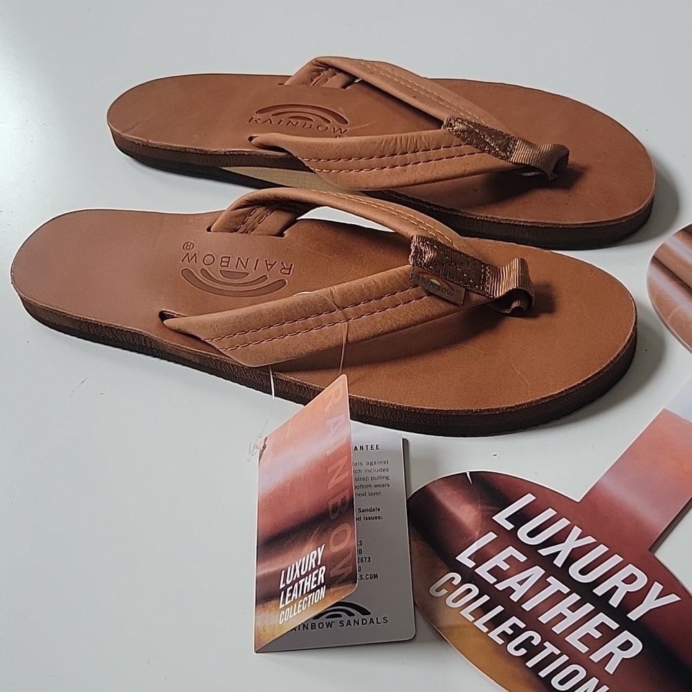 $70 NEW RAINBOWS LUXURY LEATHER BROWN TAN FLIPFLOPS SANDALS L 10 EU 42 LARGE NWT